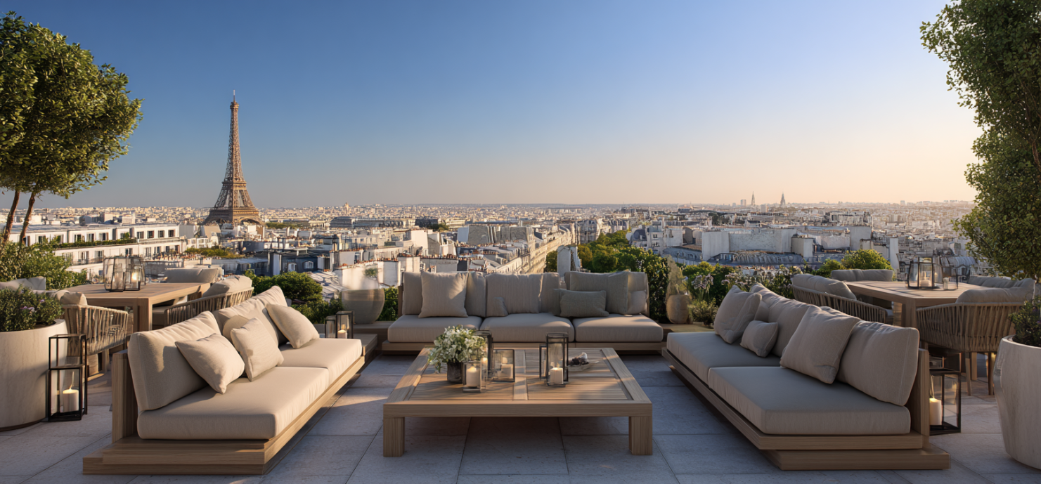 Vue sur les toits de Paris au coucher du soleil
